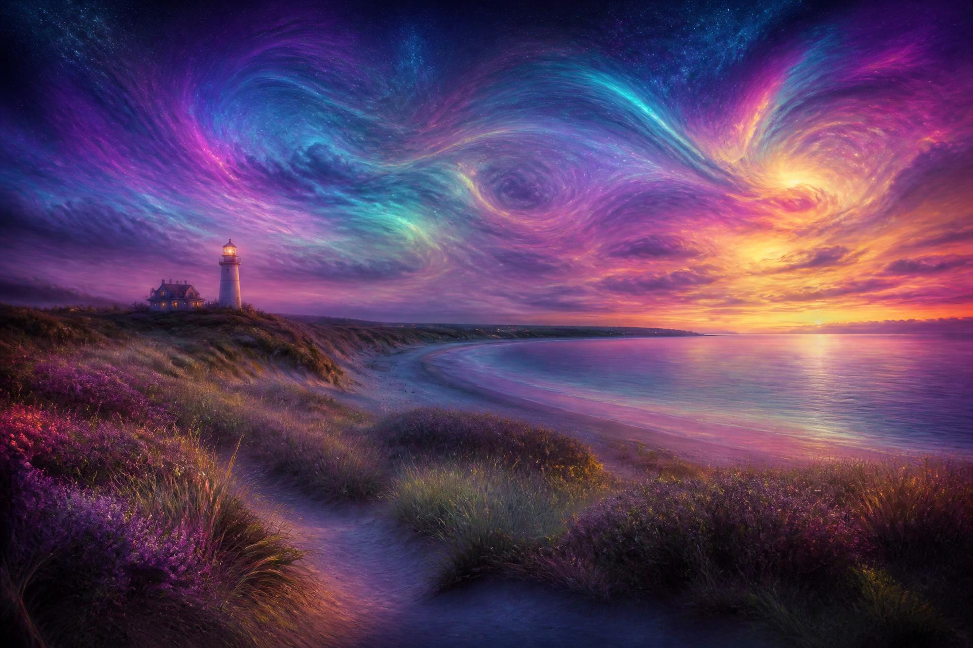 Cape Cod coast at twilight with luminous psychedelic sky